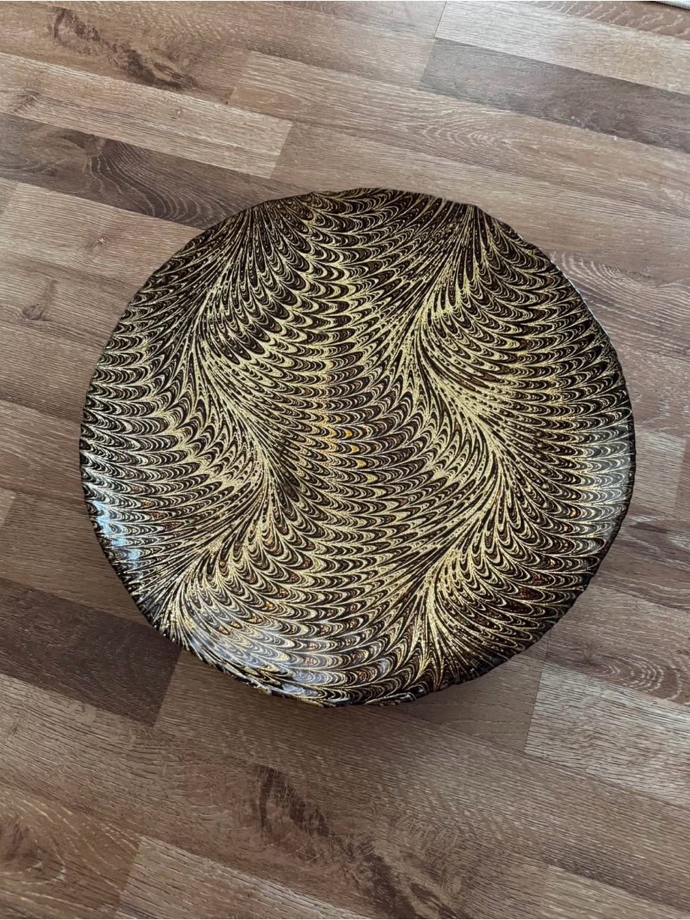 Decorative Round Tray with Gold and Black Swirl Pattern